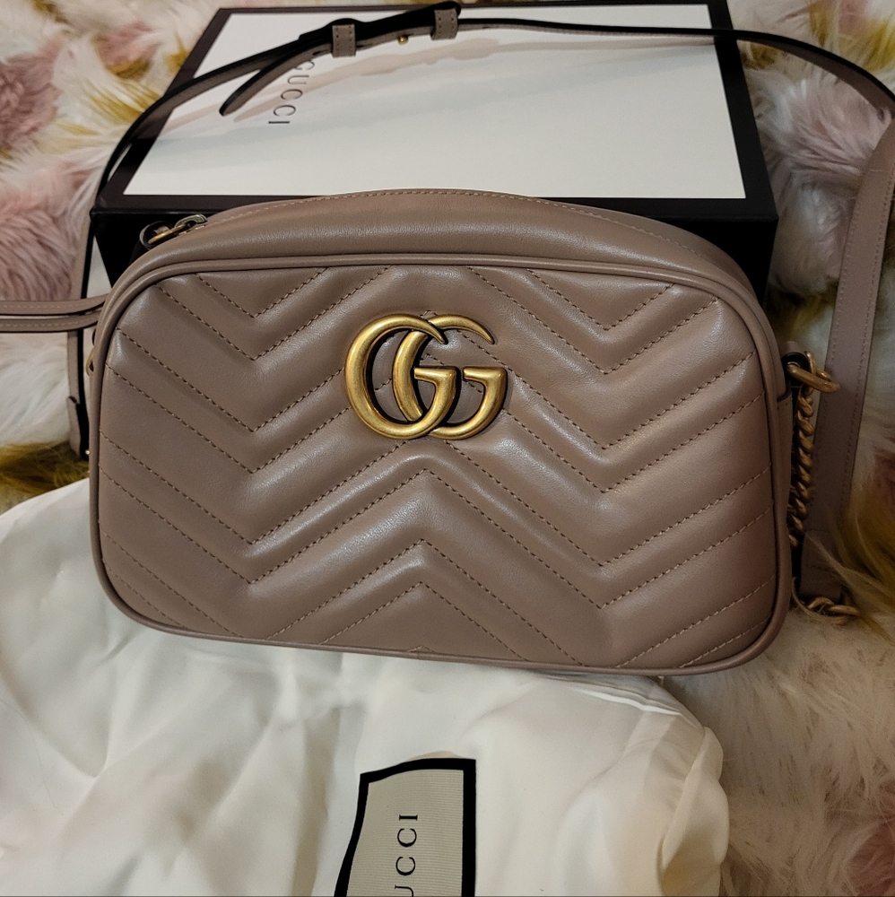Gucci GG Marmont Rose Small Camera Crossbody Bag Chevron Pink Dust Bag